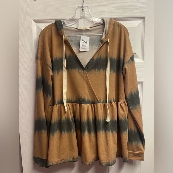 NWT Entro Boutique Brand Camel Tie Dye Hooded Tunic Sweatshirt Size Large - Picture 2 of 7